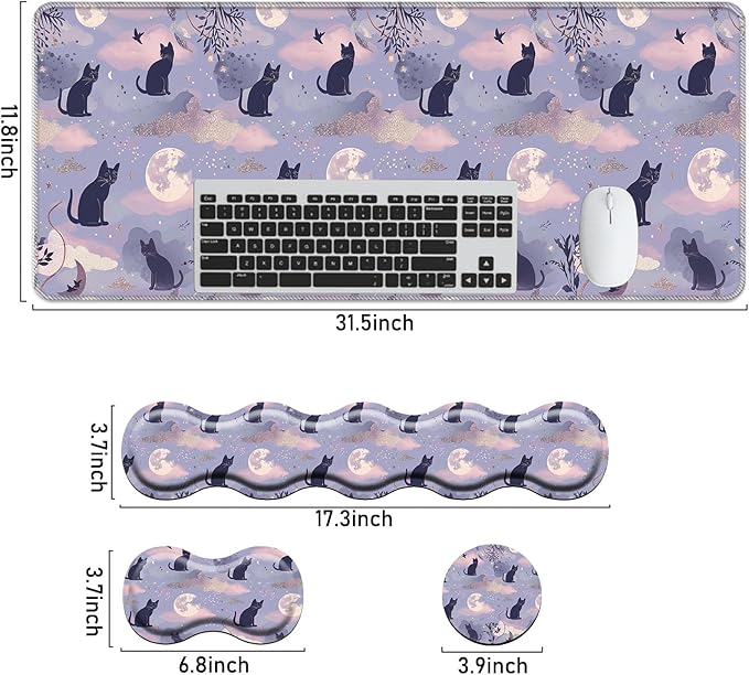 Keyboard Mouse Pad SetLarge Mouse Pad+Keyboard Wrist Rest+Wrist Support+Coaster31.5x11.8in Extended Desk Mat for Computer Laptop Office Home - Cute Cat and Moon