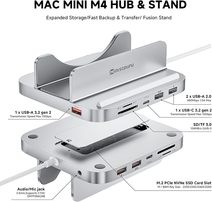 Minisopuru MINI218B PRO Mac mini M4 Dock with 8TB M.2 NVMe SSD Enclosure10Gbps USB C/A Mac mini M4 Accessories 8 in 1 All Aluminum Vertical Stand USB C Hub for Mac mini M4/M4 Pro 2024