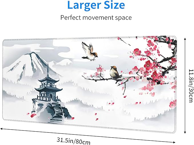 Japanese Pagoda Cherry Blossom Gaming Mouse Pad XL Birds Sakura Branch Mountain Extended Large Desk Cover Table Mat Non-Slip Rubber Base Stitched Edge Long Keyboard Playmat for Gamer31.5×11.8 in