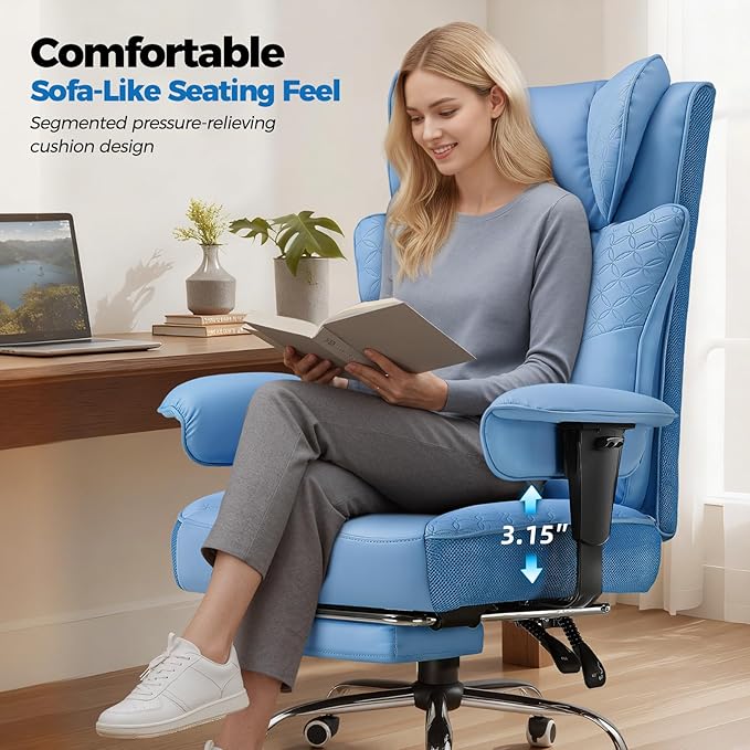 GTPLAYER Big and Tall Office Chair 400LBS Wide Ergonomic Gaming Chair with Deluxe Embossing Designed Leather with Foot Rest150°Reclining Adjustable Soft Armrests Pocket Spring Back Support and Pillow