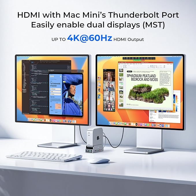 RayCue SmartDock Pro for Mac mini M4 Dock Stand with M.2 NVMe SSD Enclosure 4K 60Hz HDMI 10Gbps USB-C/A Gigabit Ethernet SD/TF Card Readers – Space-Saving Vertical Hub Compatible with Mac mini