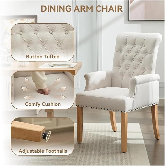 Adjustable Office Computer Chair with Armrest Solid Wood Leg Upholstered Tufted High Back Dining Room Decorate Fabric Chair with Arms(Beige)