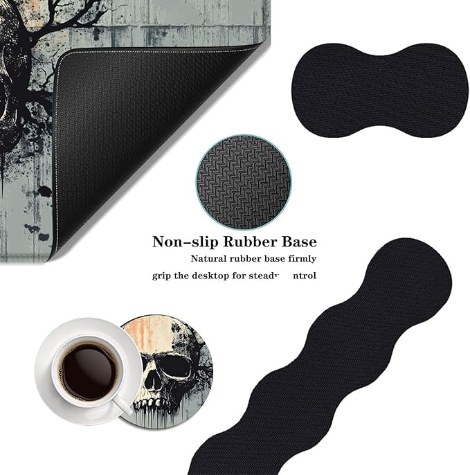 Mouse PadLarge Desk Mat Set 4in1 XL Mousepad + Keyboard Wrist Rest+Mouse Wrist Rest+Coaster with Ergonomic Desk Pad for Home Office Table Computer Cover -Skull with Branches and Crows