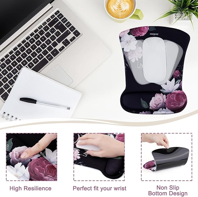 MEGREZ 4-in-1 Ergonomic Memory Foam Wrist Rest Set Desk Pad Mouse Pad with Wrist Rest Keyboard Pad Suitable for Office Workers Programmers &amp Gamers–Relieve Typing &amp Gaming Fatigue Black