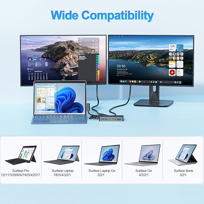New Dock Triple Displays 4K@60Hz HDMI+USB C+DP Compatible with Surface Pro 12/11/10/9/8/X/7/6/5/4/3 Surface Laptop 7/6/5/4/3/2/1 Surface Laptop Go 3/2/1 Surface Go 4/3/2/1 Surface Book 3/2/1
