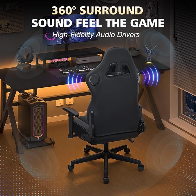 HOFFREE Gaming Chair Suede Fabric with Speakers Massage Gaming Chairs with Pocket Spring Cushion 165° Reclining Computer Office Chair for Adults Ergonomic Computer Chair with Footrest Black