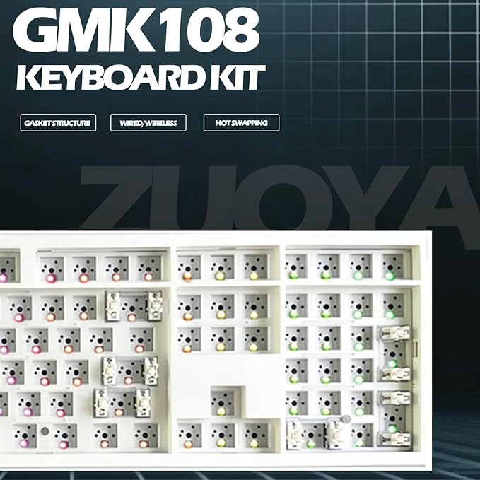 GMK108 Barebones Mechanical Keyboard KitVIA Programmable Gasket Mounted BT5.0/2.4GHz/Type-C Tri-Mode Wired Hot-Swap RGB Backlit Full Size Custom PCB DIY Mechanical Keyboard Kit(White)