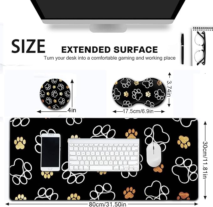 Large Mouse Pad Extended Office Desk Pad 31.5x11.8in Ergonomic Memory Foam Mouse Wrist Rest Support for Home Office Computer Writing Pad Gold White Cute Dog Paws Prints XXL Black Gaming Mouse Mat