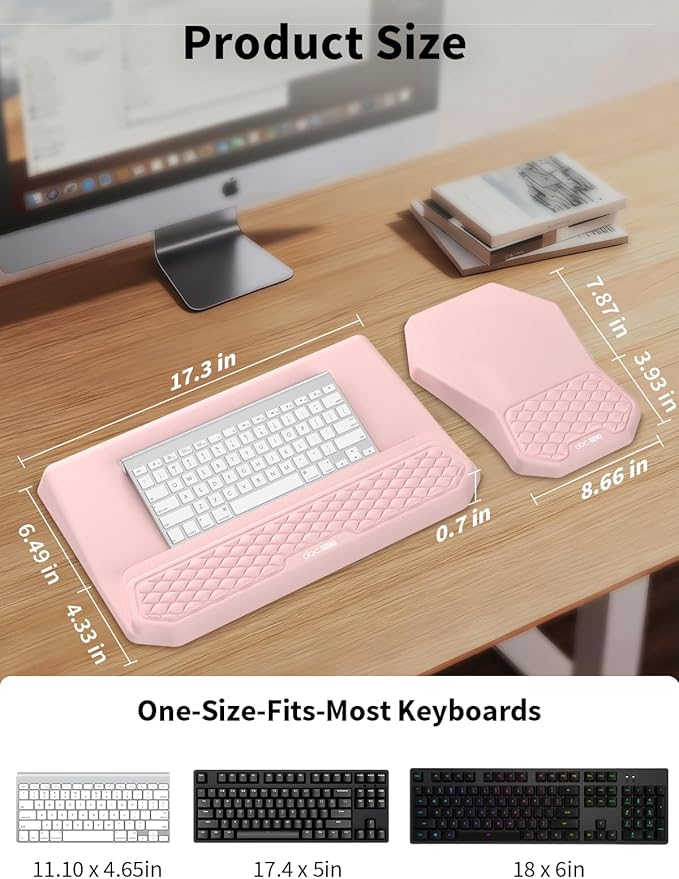 3-in-1 Ergonomic Keyboard Stand with Wrist Rest &amp Mouse Pad Set Comfy Keyboard Riser Holder Soft Mousepad with Massage Design Memory Foam and Non-Slip PU Base for Pain Relief Pink