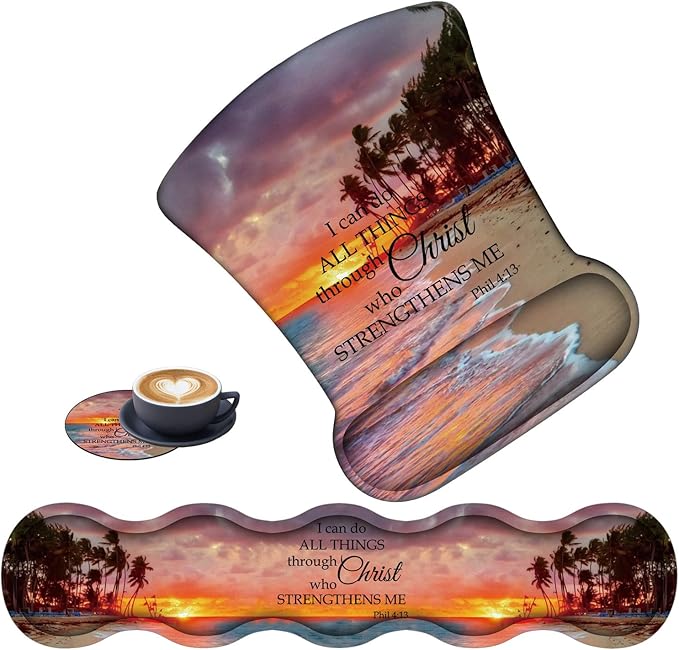 3 in 1 Keyboard Wrist Rest + Mouse Pad and Coaster Ergonomic Gel Mouse Pad and Keyboard Pad Set Comfortable Lightweight for Easy Typing Pain Relie Sunset Beach