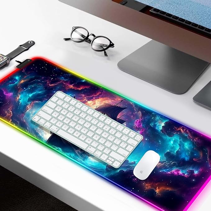 RGB Fantasy Pirate Ship Gaming Desk Mat Computer Keyboard Large Extended Long LED Mouse Pad for Office and Home XL (W01)