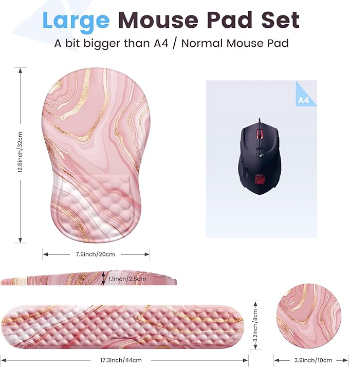 HAOCOO Keyboard Wrist Rest Ergonomic Mouse Pad with Wrist Rest 3 in 1 Keyboard and Mouse pad with Coaster Set Memory Foam Wrist Support Non-Slip PU Base for Home Office Rose Gold Pink