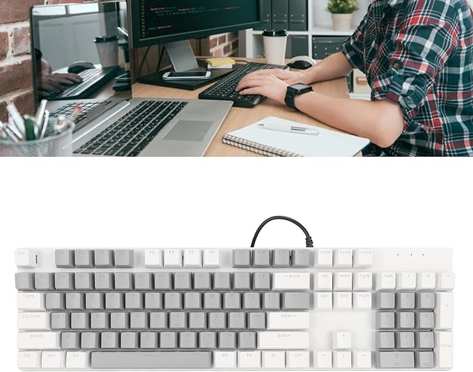 RGB Backlit 104 Keys Mechanical Gaming Keyboard USB Wired Computer Keyboard 28 Backlight Modes for Windows 2000 for Vista (White Grey)