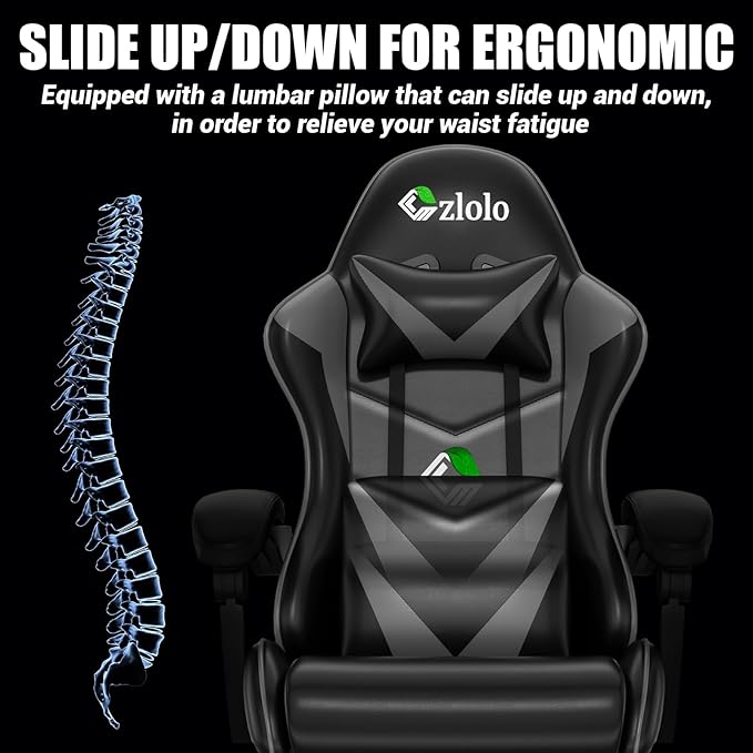 Gaming Chair with Footrest Racing Style Lumbar Support Massager Video Game Chair with Metal Legs High Back Reclining Gamer Chair with Headrest 360° Swivel Office Computer Desk Chair (Gray)