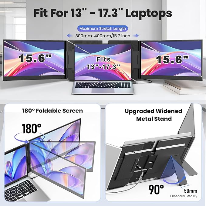 One Cable Laptop Screen Extender 15.6” Ultra-Slim Triple Portable Monitor 1080P FHD IPS Display USB-C/USB-A Connection Travel Monitor for 13–17.3 Laptops MacOS/Windows/Android