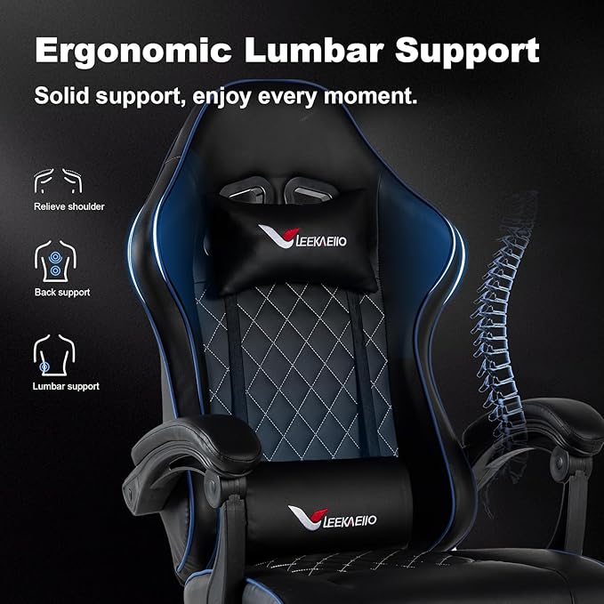 Blue Gaming Chair for Adults with Footrest and Lumbar Support Height Adjustable Office Chair with 360°-Swivel Seat and Headrest for Office or Gaming Comfortable Executive Office Chair