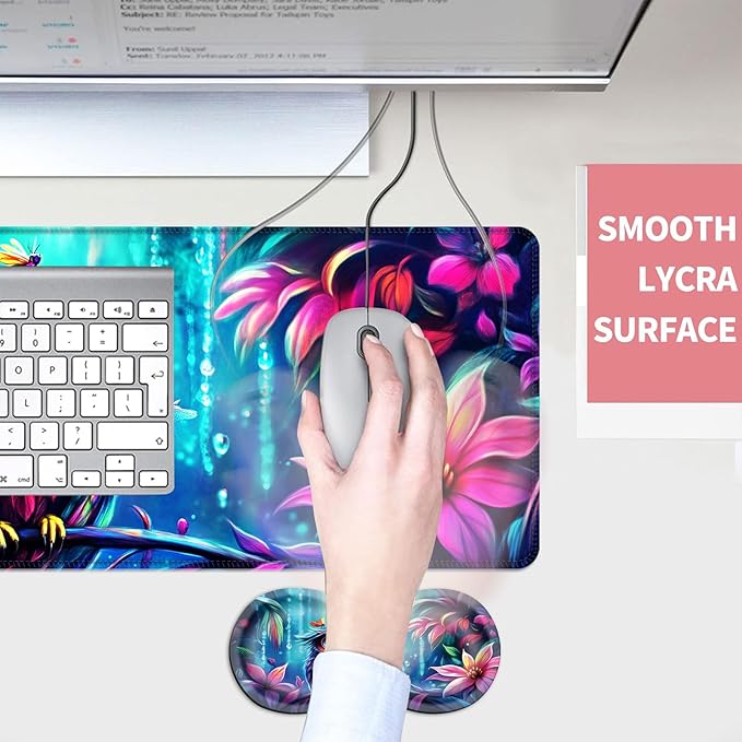 Mouse PadLarge Desk Mat Set 4in1 XL Mousepad + Keyboard Wrist Rest+Mouse Wrist Rest+Coaster with Ergonomic Desk Pad for Home Office Table Computer Cover -Owl Flowers Dragonflies