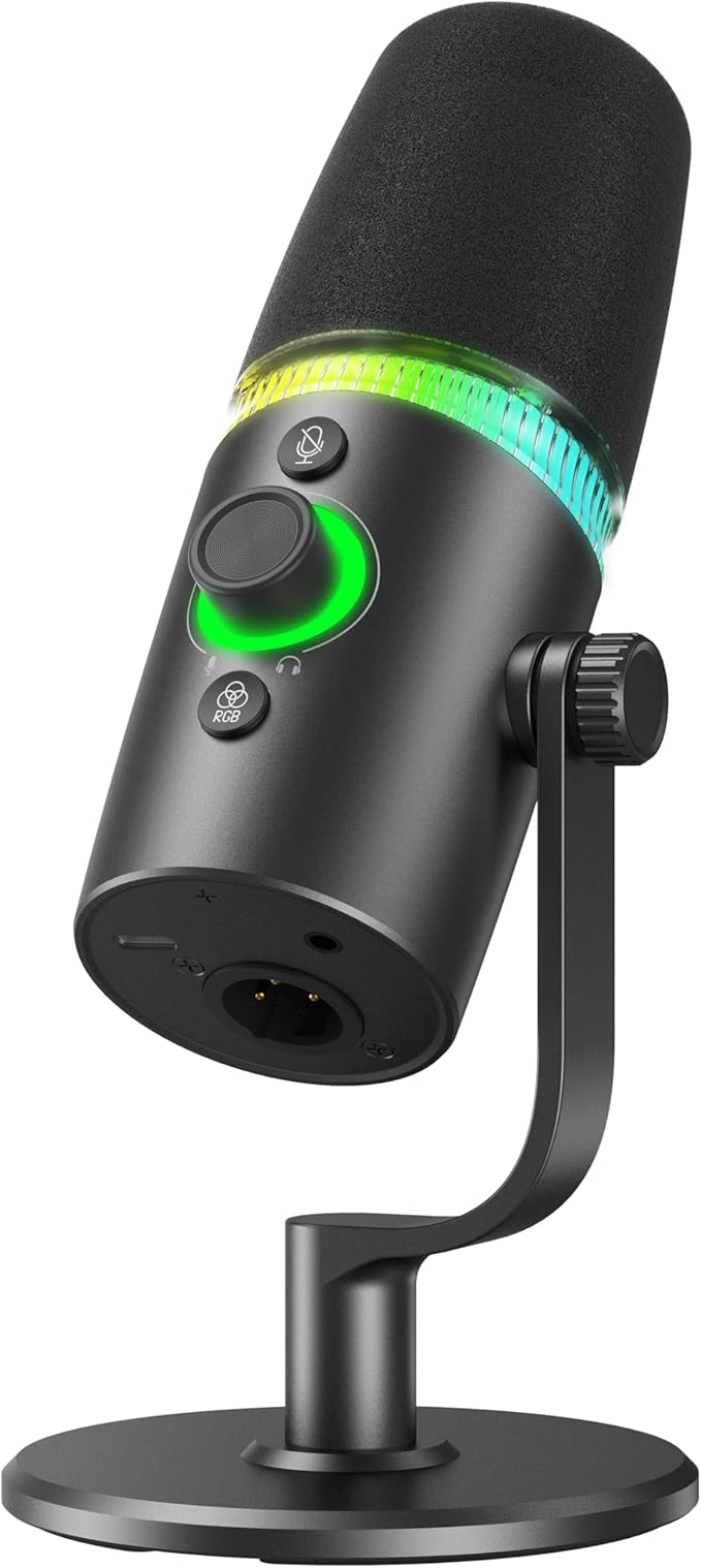 USB/XLR Dynamic Microphone Podcast &amp Gaming Microphone for PC Vocal Mic with RGB Lighting Tap-to-Mute Gain Control &amp Headphone Monitoring for YouTube Streaming