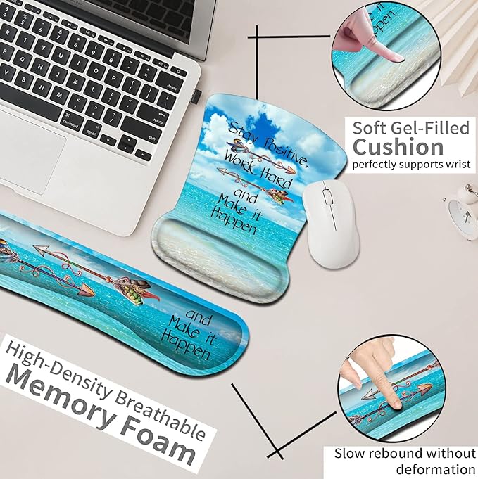 Mouse Pad Square Beach Style Anti-Slip Rubber Mousepad with Durable Stitched Edges for Gaming Office Laptop Computer Cute Custom Pattern Stay Positive Work Hard and Blue Sky Ocean