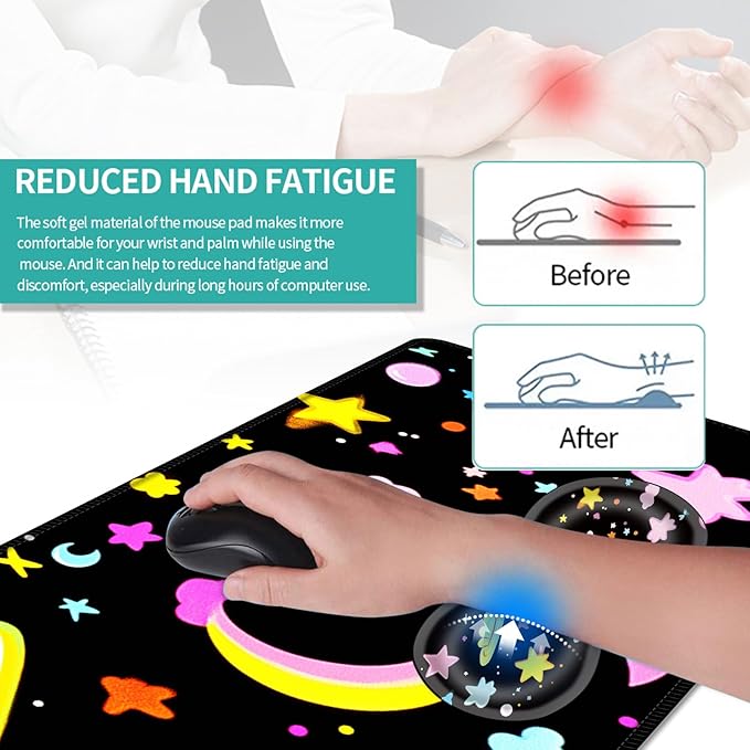 Keyboard Mouse Pad Set Extended Gaming Mouse Pad+Ergonomics Keyboard Wrist Rest Support Memory Foam Easy Typing Pain Relief 4Pcs XL Ultra Thick Desk MatSpace Stars Moons Clouds