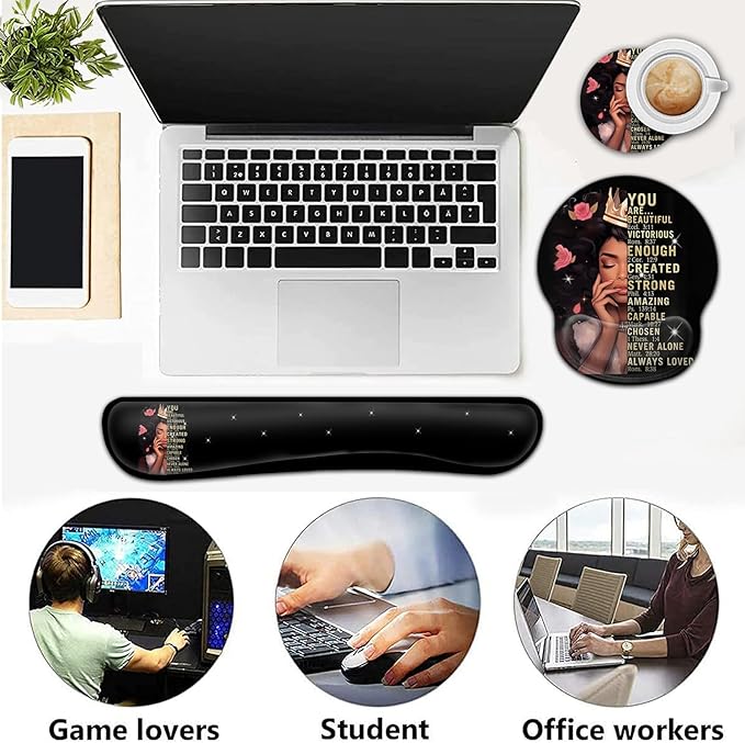 Ergonomic Gaming Mouse Pad Wrist Support and Memory Foam Keyboard Wrist Rest with Anti-Slip Base for Home Office Computer Desk Pad Gel Black Mouse Pad Easy Typing African American Women Black Girl