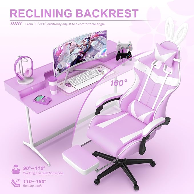 Soontrans Light Purple Gaming Chair with FootrestLovely Cute Bunny Computer Gamer ChairKawaii Desk Chair for GranddaughterSisterGirlfriendWife and Love