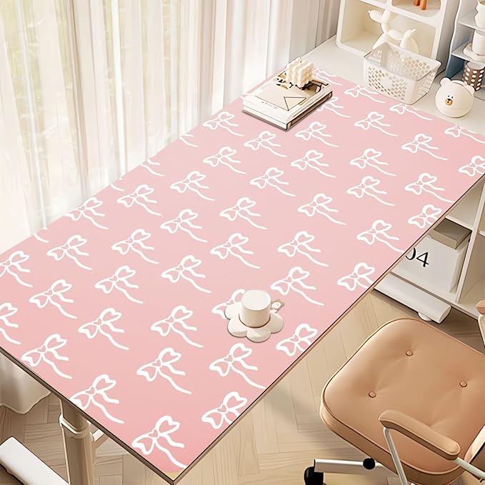 Trendy Girl Bow Desk Mat 27.6''X13.8''Cute Kawaii Design Desktop Mat Pu Leather Large Mouse Pad Aesthetic Mousepad Non-Slip Table Mat for Girls Women Office Home Work Computer Game