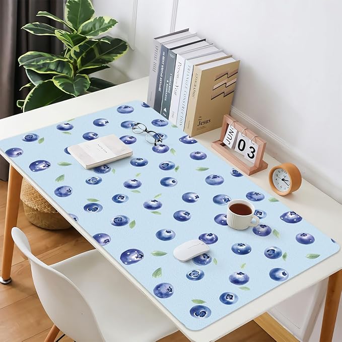 Cute Kawaii Blueberry Blue Extended Gaming Keyboard Mouse Pad Non-Slip Leather Home Office Desk Mat Protector Laptop Desk Pad Writing Pad