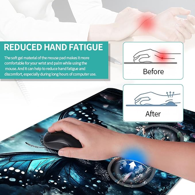 Keyboard Mouse Pad Set Extended Gaming Mouse Pad+Ergonomics Keyboard Wrist Rest Support Memory Foam Easy Typing Pain Relief 4Pcs XL Ultra Thick Desk MatButterfly Mushroom