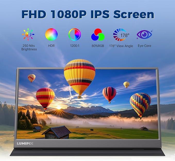 Portable Monitor 15.6 Inch 1080P FHD IPS Gaming Display Monitor with USB-C &amp HDMI Ultra-Slim External Second Screen with Smart Cover &amp Speakers for Laptop XboxPC Mac Phone PS5 Switch