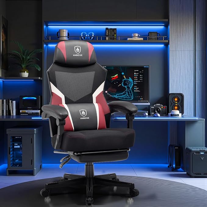 Ergonomic Mesh Video Gaming Chair with Footrest Height Adjustable Computer Chair with Lumbar Support High-Back Breathable Reclining Swivel Chair for Adults Home Office &amp Work (Red)