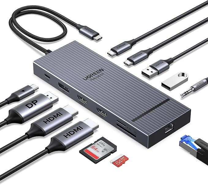 UGREEN 12 in 1 Triple 4K Docking Station with 2 HDMI DP 2x10G USB C 2×USB-A2.0 100W PD SD/TF 1000Mbps Ethernet 3.5MM Audio Revodok Pro USBC Hub Multiple Adapter for DELL HP and More