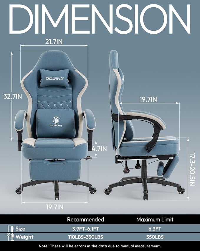 Dowinx Gaming Chair Breathable Fabric Game Chair with Gel Pad and Storage Bag Comfortable Gamer Chair with Pocket Spring Cushion Ergonomic Computer Chair with Footrest Blue and White