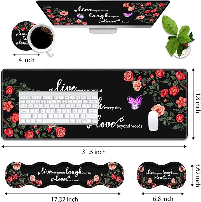 4 in 1 Ergonomic Memory Foam Mouse Pad Wrist Rest Set Large XXL Gaming Desk Pad + Keyboard Wrist Rest + Mouse Wrist Cushion + Coaster for Home Office Study Gaming Floral Quotes Live Laugh Love
