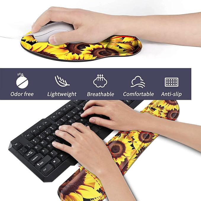 Sunflower Keyboard Wrist Rest+Mouse Pad with Wrist Support Gel+Coaster Set Ergonomic Design Enlarged Memory Foam Easy Typing Pain Relief Carpal Tunnel Cushion Kit for Computer Laptop Home Office