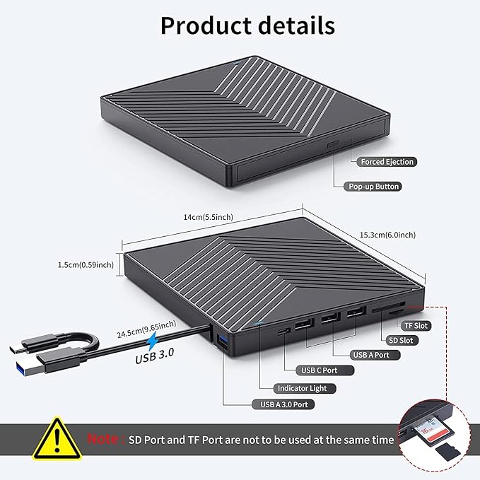 External DVD CD Drive USB 3.0 and Type-C External CD/DVD Drive DVD Burner with SD/TF Card Burner and 4 USB [7 in 1] External DVD Drive for Windows/Linux//Laptop/Desktops/PC