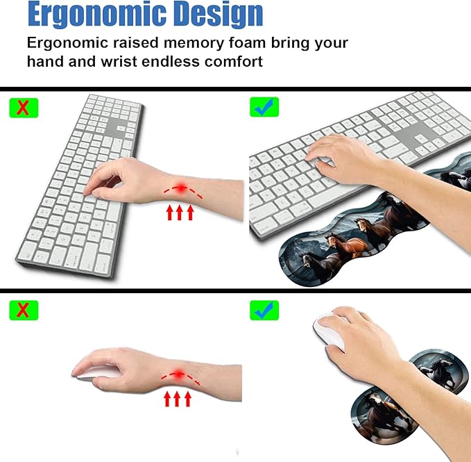 4 in 1 Ergonomic Memory Foam Mouse Pad Wrist Rest Set Large XXL Gaming Desk Pad + Keyboard Wrist Rest + Mouse Wrist Cushion + Coaster for Home Office Study Gaming Running Horses