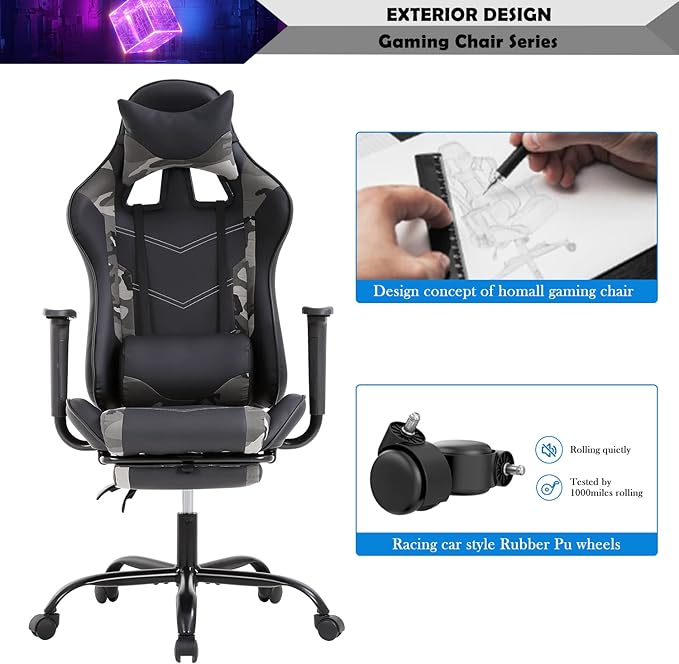 Gaming Chair with Lumbar Support Headrest and Footrest Ergonomic Massage Gaming Office Chair Computer Desk Chair PU Leather Gamer Chair Adjustable Height Video Gaming Chair for Adults Kids Men Camo