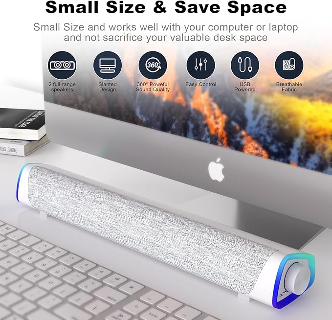 SOULION R30 Computer Speakers USB Powered 3.5mm AUX Small PC Speaker Colorful LED Lights with Switch Button Surround Sound Bar Speaker for Desktop Laptop White