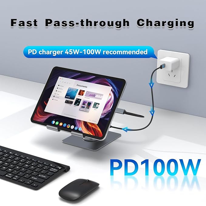 Adjustable Tablet Stand with USBC Hub 7-in-1 Aluminum Tablet Holder with Docking Station 360° Swivel Base 4K HDMI 100W PD Charging USB 3.0 SD/TF Reader 3.5mm Audio for iPad with USB-C Port