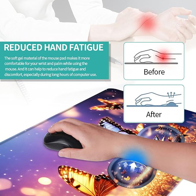 Keyboard Mouse Pad Set Extended Gaming Mouse Pad+Ergonomics Keyboard Wrist Rest Support Memory Foam Easy Typing Pain Relief 4Pcs XL Ultra Thick Desk MatMagical Butterflies