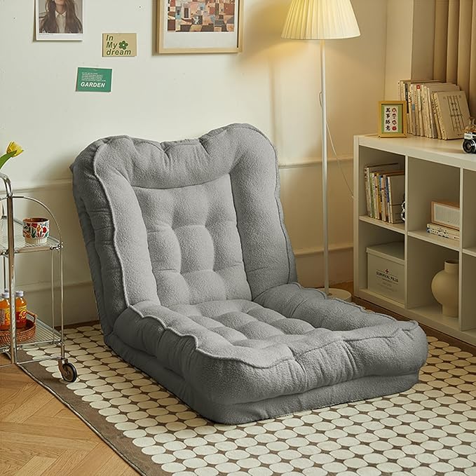 Folding Floor Chairs Video Gaming Chair for Adults Adjustable Chaise Lounge Indoor Padded Floor Seating with Back Support 5-Position Comfy Meditation Chair for Bed Dark Gray B-120 * 60CM