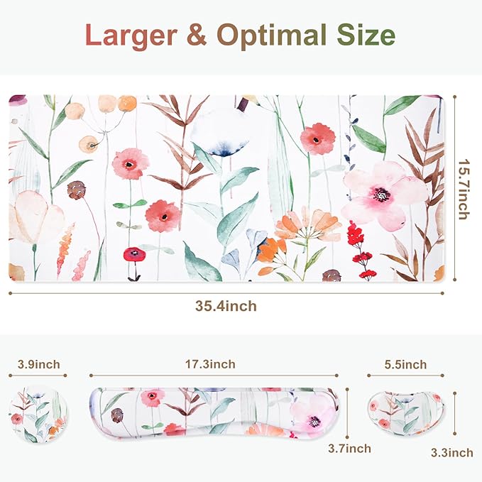 Large Gaming Mouse Pad Set 4 in 1 Extended Keyboard Desk Mat with Wrist Rest PC Computer Game Mousepad Set Non-Slip Desk Pad Easy Typing Pain Relief for Home Office I Orange Flowers