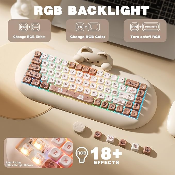 YUNZII C68 Wireless Mechanical Keyboard65% LayoutHot SwapTriple Mode BT5.0/2.4G/Wired RGB Backlit NKROCute Cat Silicone Ergonomic Design for Win/Mac (Brown Milk Switch)