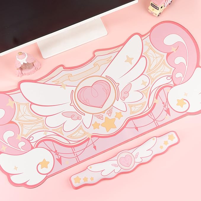 GeekShare Kawaii Mouse Pad Wrist Rest Support Set - Non-Slip Rubber Base Desk Mat and Memory Foam Wrist Rest for Keyboard and MousePerfect for Gamingor Home Office Work - Star Wings Series