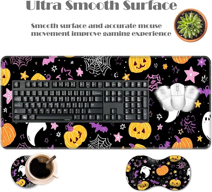 Ergonomic Keyboard Wrist Rest &amp Mouse Pad Wrist Rest SetXL Gaming Desk Mat 31.5x 11.8Non-Slip BaseMemory FoamEasy Typing Pain Relief for Office &amp HomeCute Ghost Pumpkin