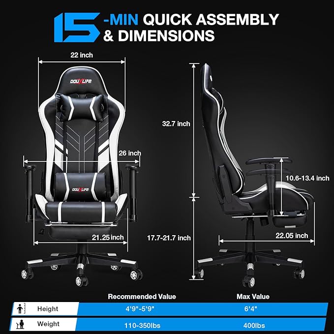 Douxlife 7-Point Massage Gaming Chair with Footrest 400lbs Heavy Duty Ergonomic Computer Chair 175° Reclining High Back Racing Seat for Adults with Adjustable Armrests &amp Lumbar Support White