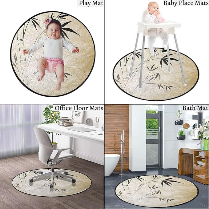 Bamboo Round RugPrint Carpet for Bedroom Living Room Office Home Decor Mat Gradient Bamboo LeavesBrown Cream Black White Diameter 60 in