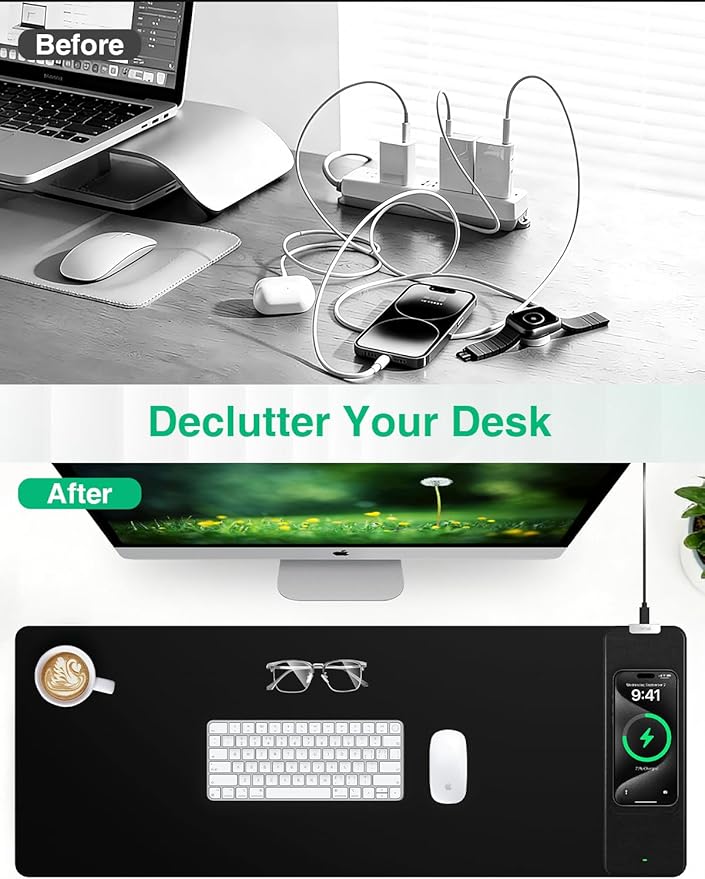 Mouse Pad with Wireless Charging Black Mousepad Long Desk Mat Large Gaming Mouse Pad Soft Mouse Pad Gaming Desk Pad with Non-Slip Rubber Base Extended Computer Keyboard Mat Office Mice Pad