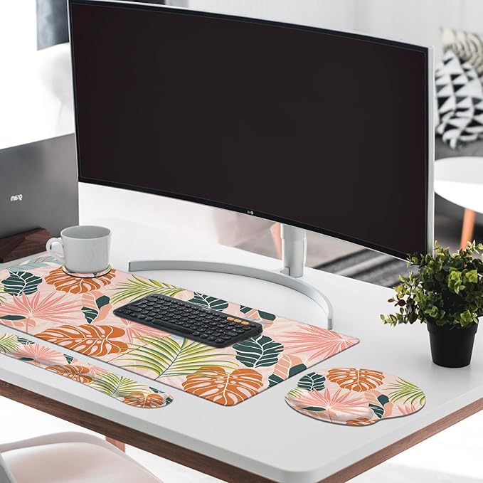 Britimes Bohemian Palm Leaf Keyboard Mouse Pad Set 4in1 Large Mousepad+Keyboard Wrist Rest+Mouse Wrist Rest+Coaster Set with Ergonomic Design for Home Office Computer 35.4x15.7 inches